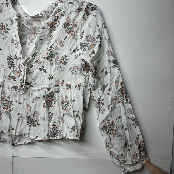 SO Juniors Small Boho Floral Peasant Top Long Sleeve Lace Up Blouse White - Picture 4 of 9